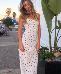 Voguable Strawberry Print White Chiffon Long Dress Women Spaghetti Strap Vintage Boho Summer Beach Maxi Dress Sleeveless Sundress voguable