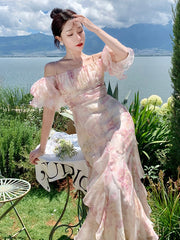 Floral Sweet Women Midi Dress Mesh Elegant Slash Neck Korean Summer Female Dresses Petal Sleeve Fashion Lady Vestido New voguable