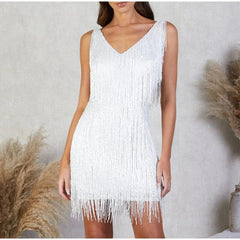 Sexy Sleeveless V-Neck Tassel Mini Dress Women Elegant Evening Party Bodycon Dresses Summer Ladies Fashion Night Club Dress voguable