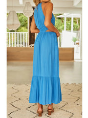 Casual Women Maxi Cotton Rayon Dress Blue Elegant Waist Hollow Out Sleeveless Sexy Beach Long Dress Holiday New Dress voguable