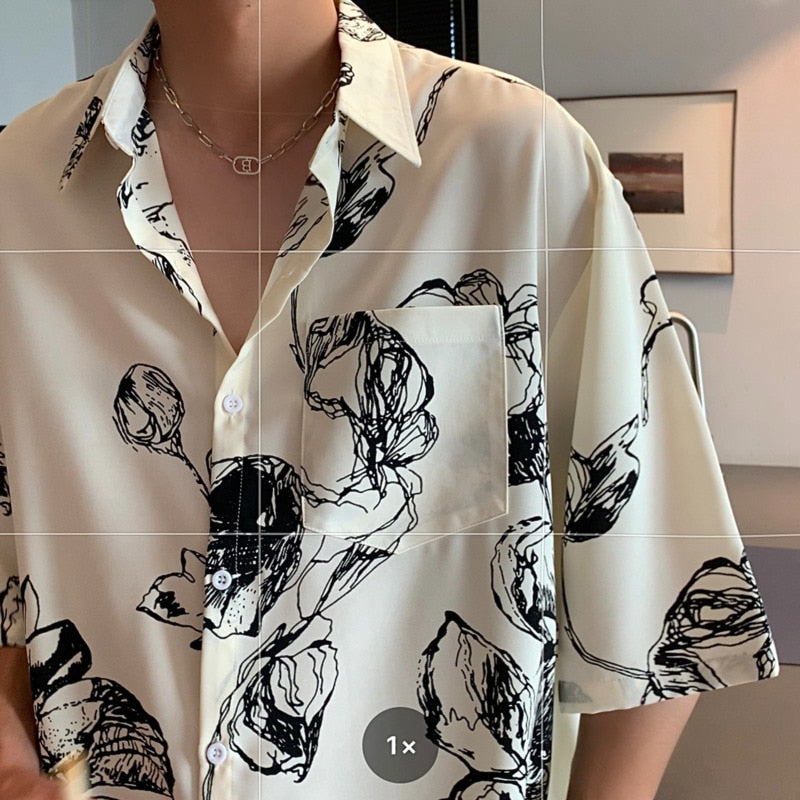 Summer Short-sleeved Shirt Men Fashion Casual Print Flower Shirt Men Streetwear Loose Ice Silk Shirts Mens Hawaiian Shirt M-2XL voguable