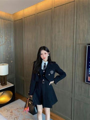 Women Blazer Shirt Dress Three-piece Suits Autumn Spring College Style Long-sleeved Shirt+woolen Short Coat+suspender Dress voguable