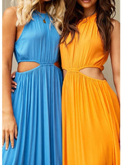 Casual Women Maxi Cotton Rayon Dress Blue Elegant Waist Hollow Out Sleeveless Sexy Beach Long Dress Holiday New Dress voguable