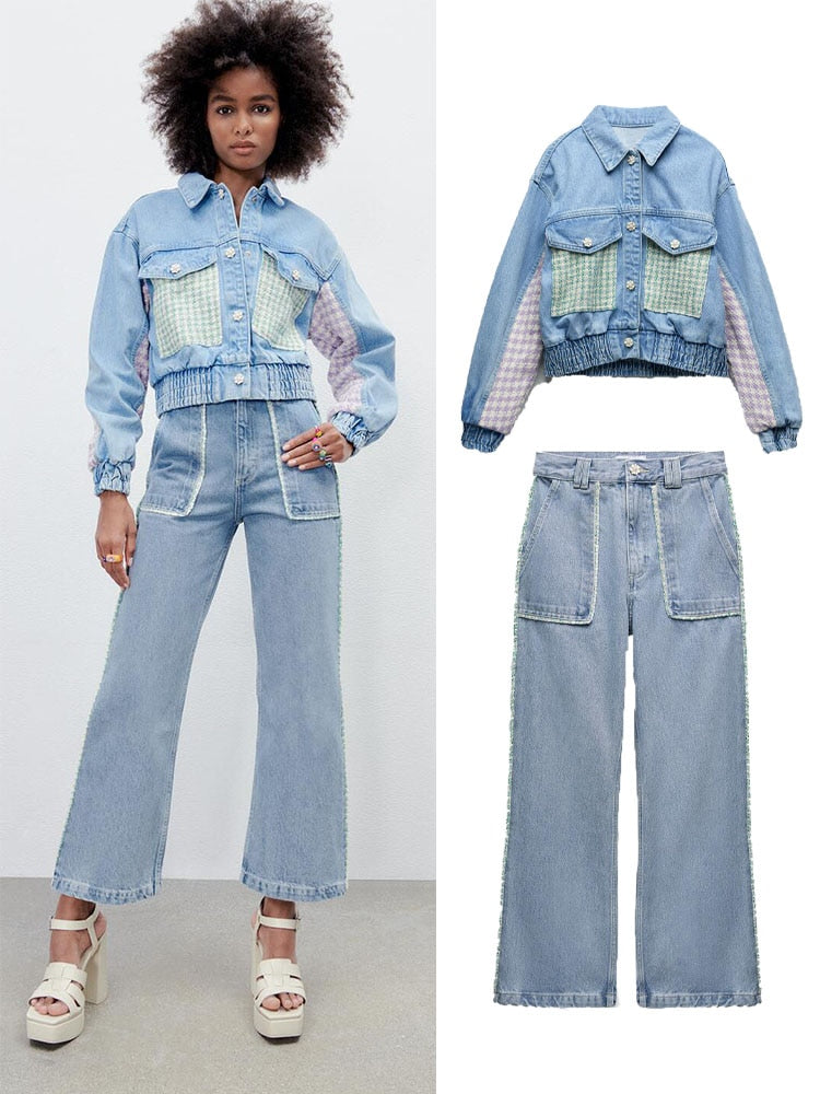 Voguable 2022 spring new women's clothing European and American style faux pearl button stitching denim jacket high waist jeans voguable