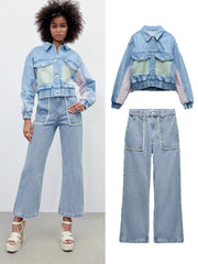 Voguable 2022 spring new women's clothing European and American style faux pearl button stitching denim jacket high waist jeans voguable