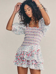 Mixed floral prints ruffled party dress puff sleeve square neck smocked sexy laides dress mini chic summer dress voguable
