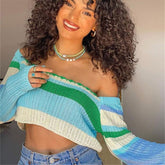 Voguable Knitted Y2K Clothes Crop Top Women 2022 Spring Colored Striped Off The Shoulder T shirts Long Sleeve Trendy Short Womens Tops voguable