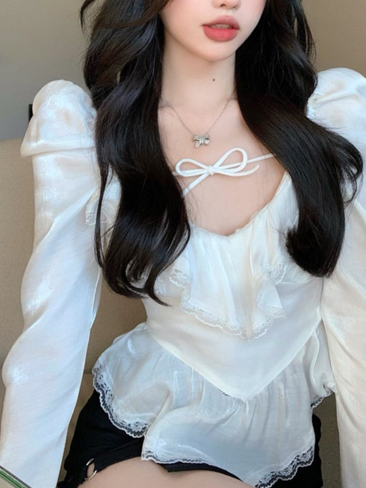 Spring Autumn Vintage Chiffon Lace Sexy Blouse For Women Sweet Empire Waist Skinny Solid Party Tops Female New Clothes voguable