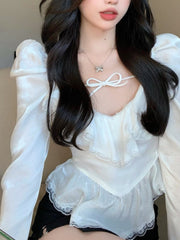 Spring Autumn Vintage Chiffon Lace Sexy Blouse For Women Sweet Empire Waist Skinny Solid Party Tops Female New Clothes voguable