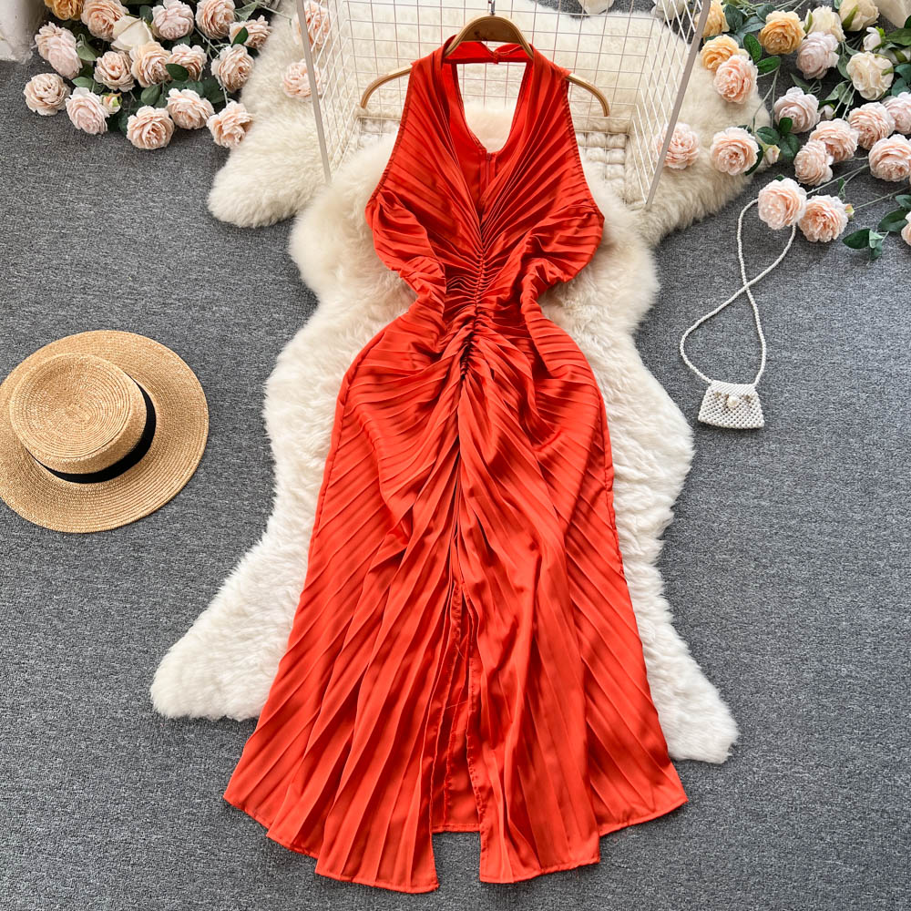 Youe Summer Formal Dress Women Pleated Folds Tank Sleeveless Slim Midi Dresses Party Evening Shirring Elegant Vestidos New In voguable