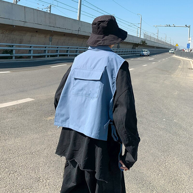 Cropped Vests Men Turn-down Collar High Street Techwear Tactic Sleeveless Jackets Spring Fashion Hip-hop Cargo Waistcoats Zipper voguable