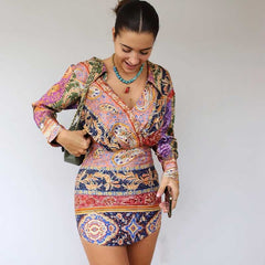 Floral printed dress women long sleeve bodycon dress V-neck sexy ladies party dress chic dress spring summer dress voguable