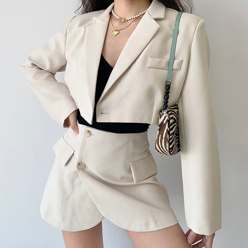 Two piece set Women Cropped Blazer and Mini Skirt Solid Elegant Office Ladies Outfits Long Sleeve Navel Exposed Irregular Suits voguable
