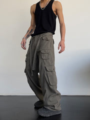 Voguable High street retro casual large pocket overalls men's and women's new summer high waist loose straight tube draped wide leg pants voguable