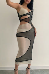Dress Women Color Contrast Hollow Out Maxi Elegant Robe Club Sexy Spaghetti Strap Mesh Summer Skinny Dresses Streetwear voguable