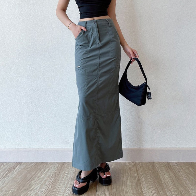 Casual Pocket Cargo Pencil Skirt Women Vintage Y2K All-match Solid Chic Side Slit Wrap Hip Summer Long Skirt Streetwear voguable