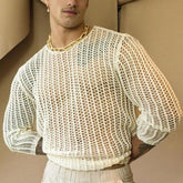 Sexy Men's T-shirt New Special Long Sleeve Bottoming Fashion Woven Solid Color Mesh Knit Hollow Out Round Neck voguable