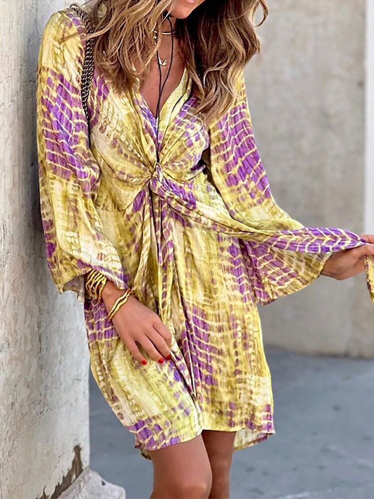 Beach Style V Neck Women Print Mini Dress Casual Loose Female Summer Long Sleeve Dress Vintage Print Streetwear Patchwork Dress voguable