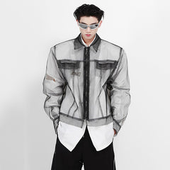 Niche Mesh Design Jacket Men's Open Thread Deconstructed Shirt High Street Long Sleeve New Fashion Male Coat 9A5527 voguable