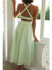Light Green O Neck Halter Backless Summer Sexy Women Robe Sundress Plaid Solid Party Beach Long Maxi Dress Vestido voguable