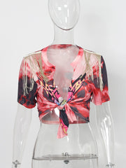 Summer Streetwear Clothes Sleeveless Crop Tops Women 2022 Tassel Print Graphics T Shirts Tees V Neck Tee T Shirt Female voguable