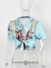 Summer Streetwear Clothes Sleeveless Crop Tops Women 2022 Tassel Print Graphics T Shirts Tees V Neck Tee T Shirt Female voguable