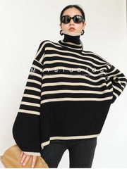 Fashion Tops 2022 Women Striped High Collar Sweater New Autumn Winter Loose Design Knitted Pullover Oversized Sweater Jumper voguable