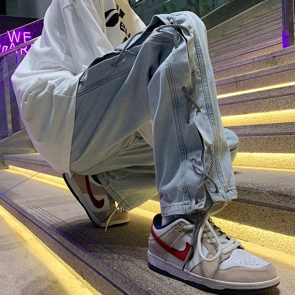 Cross Ribbon Jeans Men's Baggy Designer Brand Denim Pants Fashion Y2K Gothic Streetwear Korean Clothing Male Trousers voguable