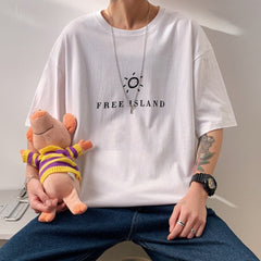 Free Island Pure Cotton Men Tshirt Short Sleeve Sun Graphic Oversize T-shirt Summer Man T shirt Men's Clothing voguable