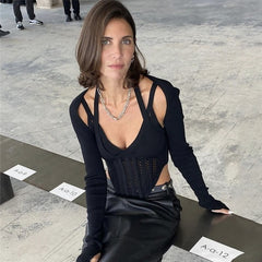 Women's Sexy Halter Crop Top Long Sleeve Cut Out T Shirt Y2k V Neck T Shirts Crop Cami Top Bustier Corset Tank Camisole Tops voguable