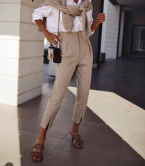 Voguable Autumn winter fashion high wasit pants women Solid pocket ankle-lenght trousers Casual straight long pants female voguable