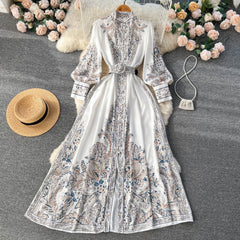 Spring Autumn Long Sleeve Luxury Maxi Dress for Women White/Black Printed Stand Collar Elegant Female Wedding Party Eveing Boho voguable