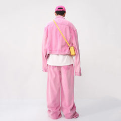 Trendy Korean Male Pink Color Set Solid Color Lapel Denim Jacket Coat Wide Leg Straight Jeans Men's Casual Two Piece 9A8557 voguable