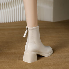 Shoes Back Zip Winter Boots Lady Zipper Boots-Women Ankle Med Rock Autumn Rome PU Hoof Heels Basic Solid Square Toe PVC voguable