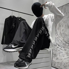 High Street Men Casual Pants Harajuku Y2K Letter Print Design Oversize Straight Black Pant America Vintage Male Trousers voguable