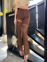 New Fashion Brown Patchwork Bandage Jeans Women Vintage Casual Split Wide Leg Pants Spring Autumn American Trousers voguable