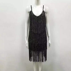 Voguable Women Sexy Birthday Party Dresses Sparkly Sequines Tassel Sweet Cute Short Fringed Fashion Robe Dress Sleeveless Mini Dress voguable
