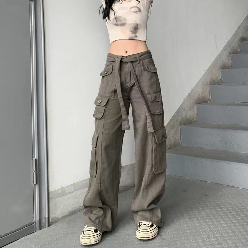 Voguable Hot Girl Cargo Pants Woman Elastic High Waist Big Pockets Trousers Y2K Streetwear Hip Hop Drawstring Retro Baggy Jeans Femme voguable