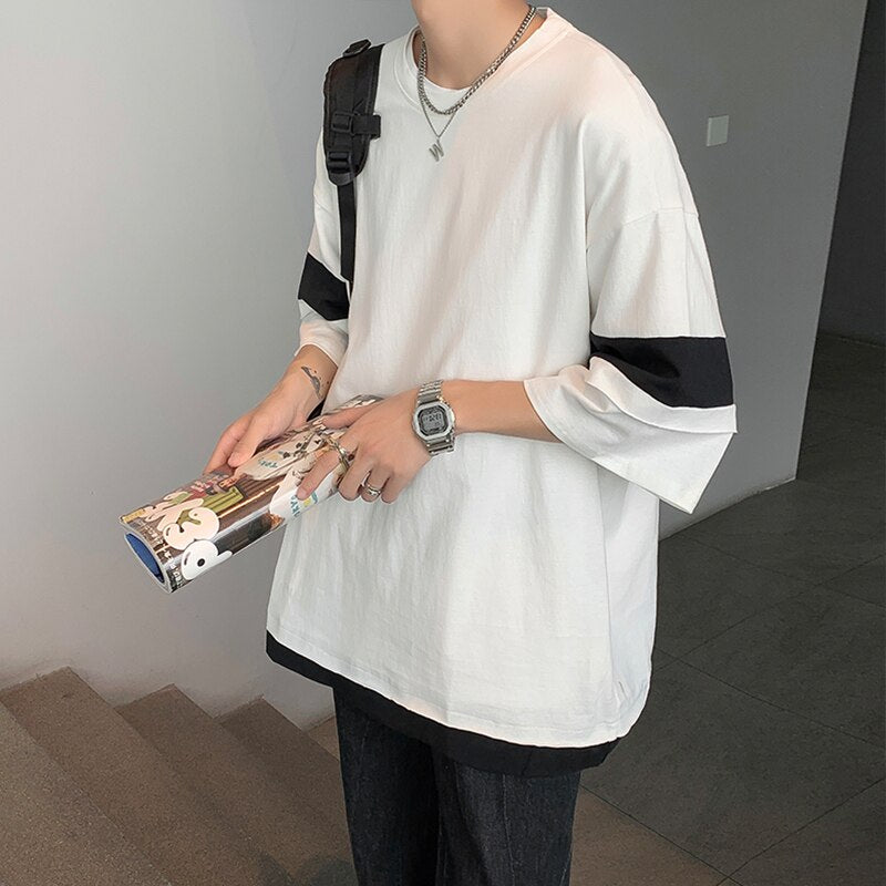 T-shirts Men Clothing Summer Harajuku O-neck Baggy Preppy Vintage Korean Style Trendy Camisetas Handsome Teens Fake Two Piece voguable