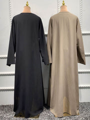 Voguable Handcraft Beads 3 Piece Muslim Set Matching Outfit Crinkled Crepe Open Abaya Kimono Long Sleeve Dress Wrap Skirt Dubai Autumn voguable