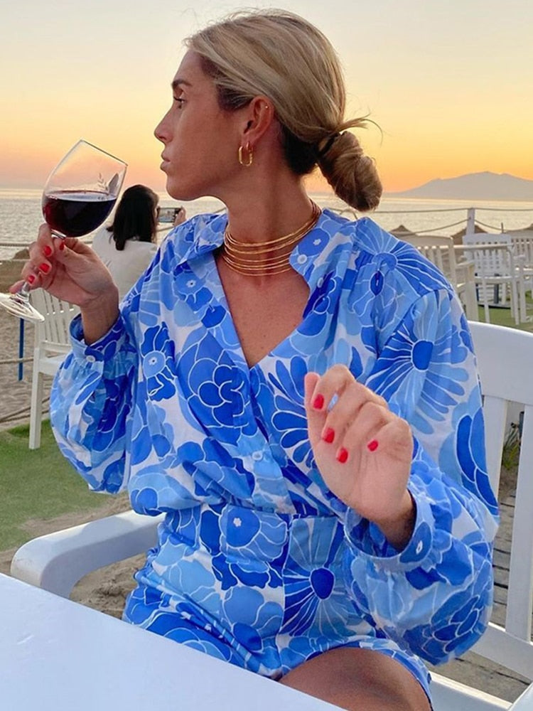 Flower Print Blue Short Sets Women Matching Set Blue Summer Spring Two Pieces Sets Suits Oversized Top Shorts 2023 voguable