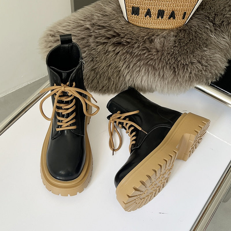 Boots Women New Flat Heel Shoes Round Toe Lace Up Lolita Ankle Med Ladies Autumn Rock Basic PVC Solid Short Plush Fabric La voguable