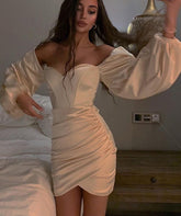 Voguable Dulzura Solid Women Satin Lantern Sleeve Mini Dress Slit Ruched Bodycon Sexy Party Elegant Streetwear Club 2021 Spring Summer voguable