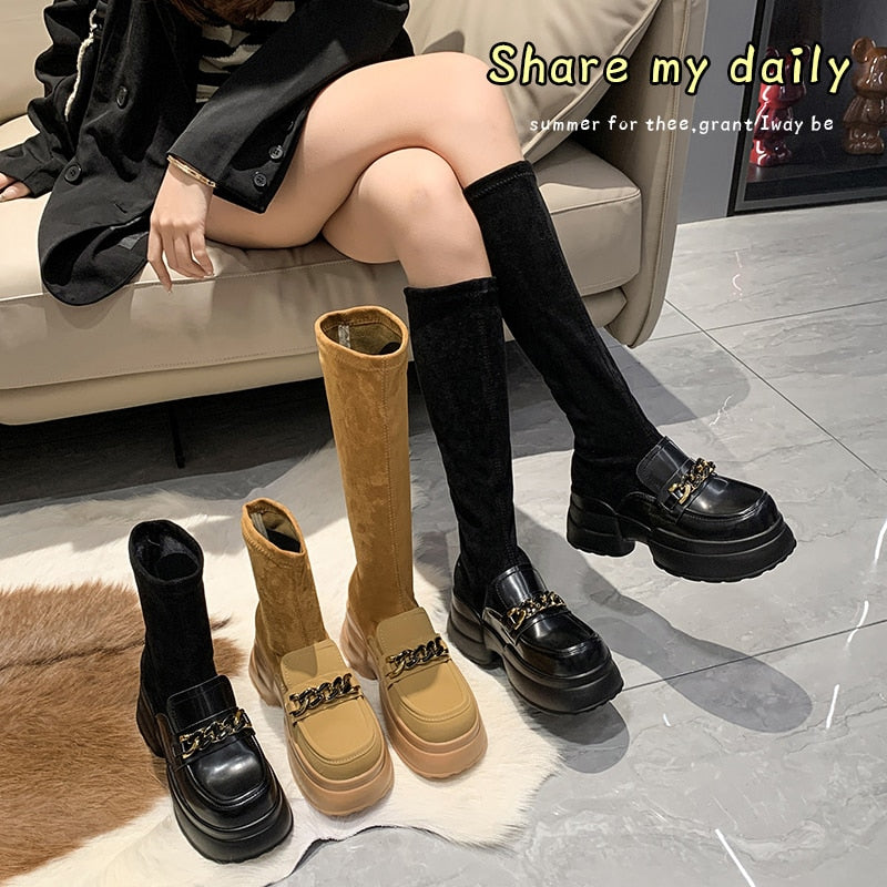 Rock Shoes Woman Boots Sexy Thigh High Heels High Sexy Winter Footwear Boots-Women Round Toe Black Rubber Stiletto Lolita Over- voguable