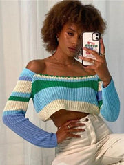 Voguable Knitted Y2K Clothes Crop Top Women 2022 Spring Colored Striped Off The Shoulder T shirts Long Sleeve Trendy Short Womens Tops voguable
