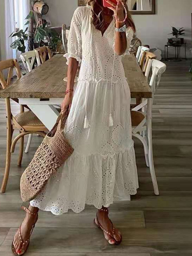 Casual Hollow Out V Neck White Lace Maxi Dress Vintage A-line Loose Embrioderied Floral Print Bohemian Long Sundress voguable
