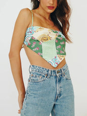 Summer Clothes For Women Tops Spaghetti Strap Vintage Patchwork Print Satin Camis Streetwear Open Back Tie Sexy Crop Top voguable