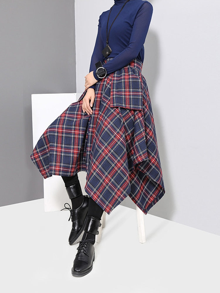 New Spring High Waist Red Plaid Split Joitn Loose Big Hem Half-body Skirt Women Fashion Tide All-match voguable
