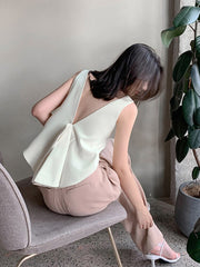 Women White Backless Pleated Irregular Tank Tops New O-collar Sleeveless Personality Fashion Spring Summer voguable