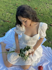 Bowknot Tiered White Lace Summer Short Dress for Petite Women Puff Sleeve Flower Embriodery Zip Mini Beach Party Vestido voguable